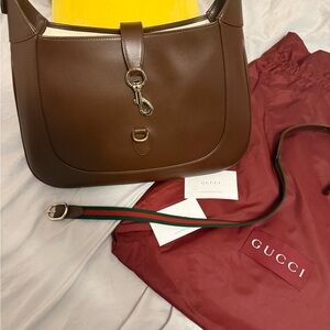 Gucci Jackie brand new Brown Leather Shoulder Bag with Signature Strap